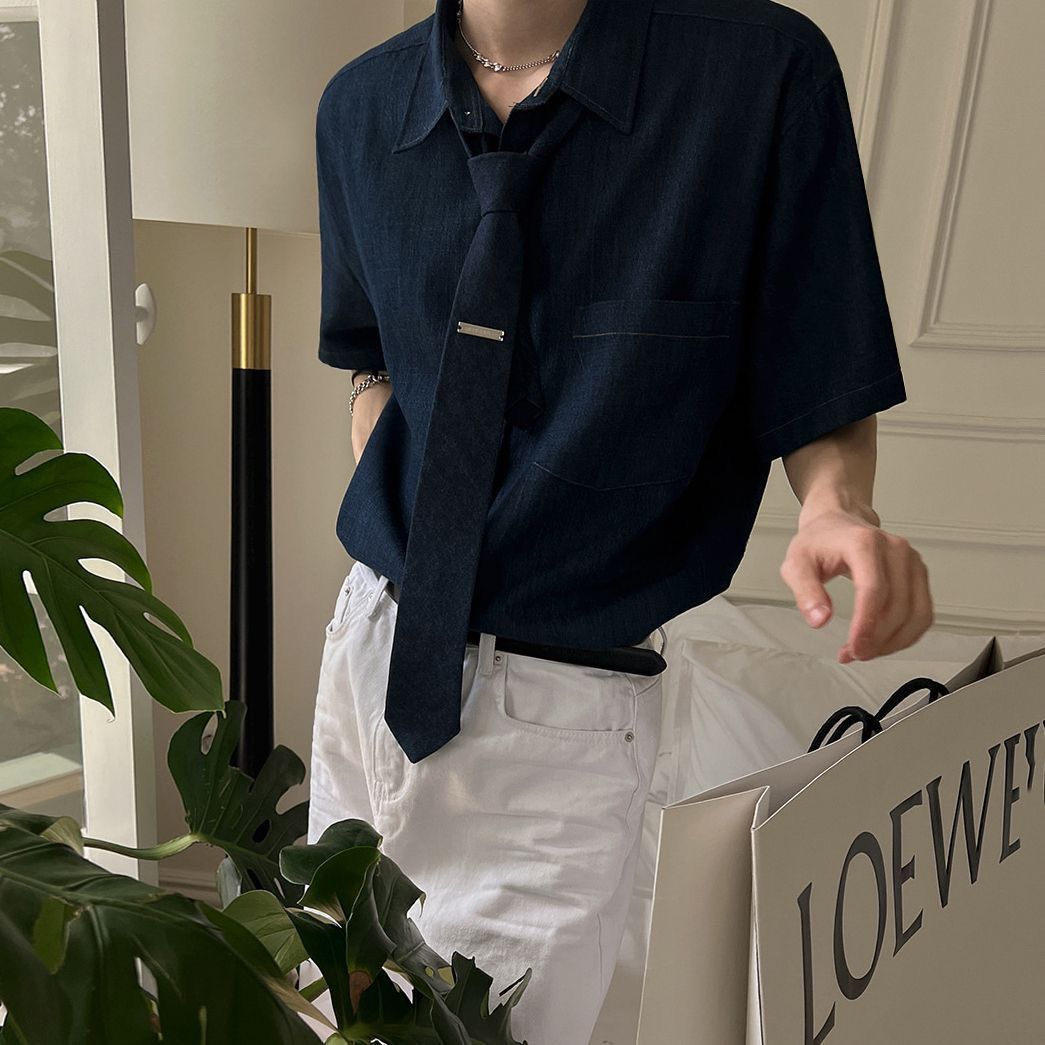 [送领带]复古短袖衬衫男士夏季宽松休闲牛仔衬衣韩系通勤风DK制服