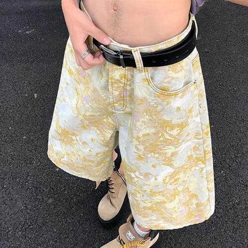 国潮扎染牛仔短裤男夏季薄款美式高街五分裤子花裤衩设计感沙滩裤