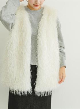 ITEMs日单 仿皮草背心 毛茸茸V领无扣款百搭中长马甲女