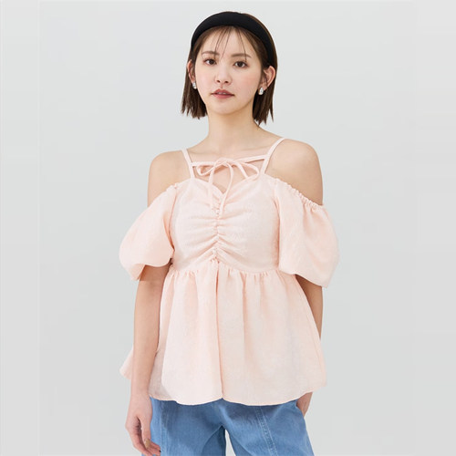 纯！REDY@ZEL日单新品 提花泡泡袖 两穿可露肩收腰显瘦套头衫上衣