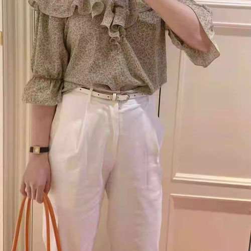 特价~ehka sop*小碎花荷叶领喇叭袖垂坠雪纺衬衫上衣女