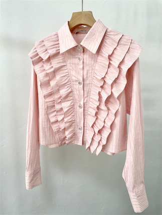 FIVE PL*S春款 压褶多层荷叶边短款上衣 超好看气质条纹长袖衬衫