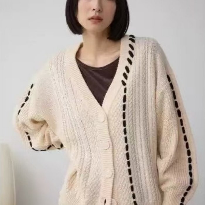 AZUL BY MOUSSY 日单秋冬V领宽松版型 拼接设计针织开衫