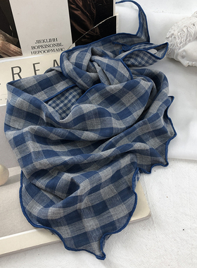 文艺范100%纯棉蓝色格子小三角巾