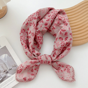 韩系全棉粉色度假头巾女包头春秋出游可爱小方巾海边拍照护颈领巾