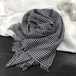 日系莫代尔丝巾空调房条纹披肩夏季文艺女薄款秋冬黑白小格子围巾