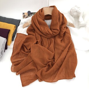 森系夏秋冬米色黄色黑灰色焦糖色棉麻围巾女护颈薄款披肩外搭配裙