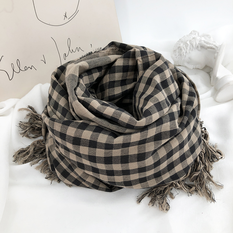 文艺复古全棉格子围巾女生秋冬季