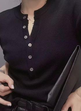 衣唯硕87305秋季新款百搭时尚剪刀V领薄款中袖针织打底衫女上衣