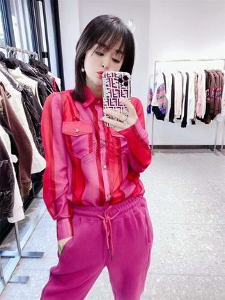 FeeF正品2022秋冬新款几何图案衬衣洋气百搭丝麻花衬衫女士上衣潮