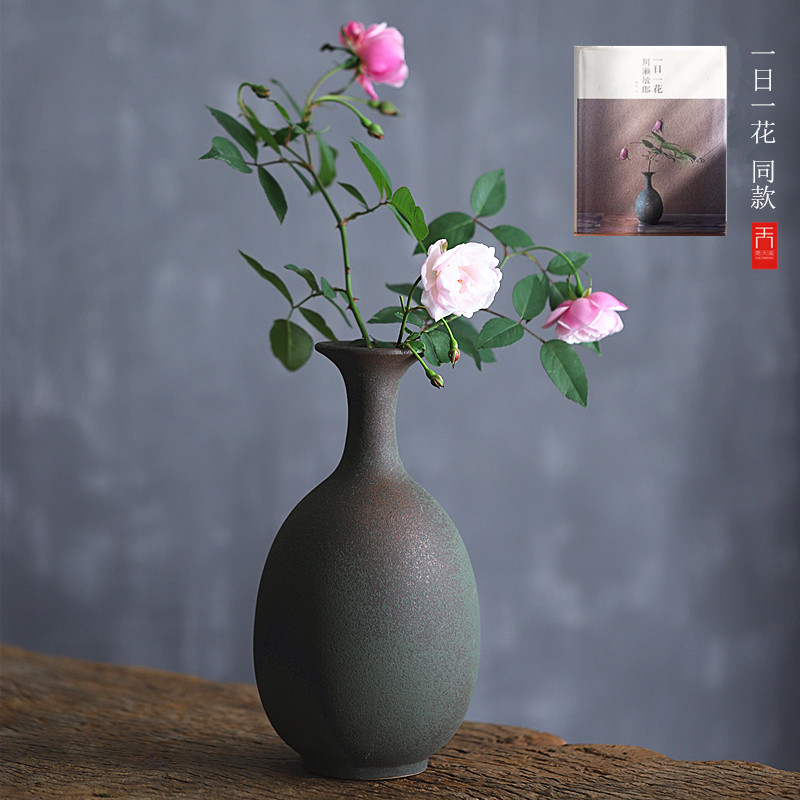 一日一花 禅意绿陶仿青铜花瓶摆件日式手作陶瓷花插 玄关摆设装饰