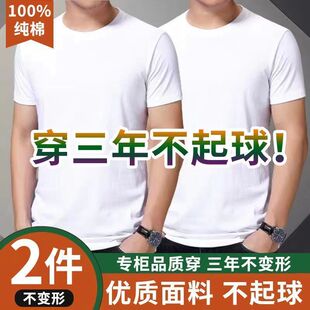 【两件装】100%纯棉纯白t恤 男士短袖纯色体恤圆领大码半袖打底衫