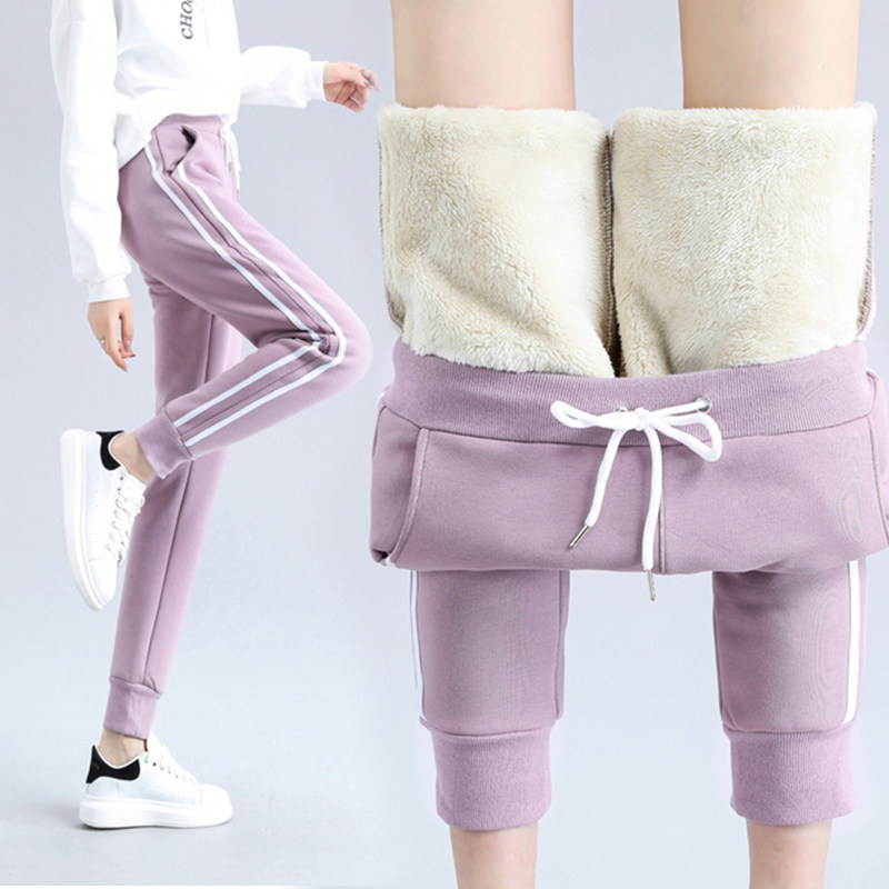 两条杠羊羔绒运动裤女宽松束脚外穿加绒加厚卫裤小个子初中生裤子