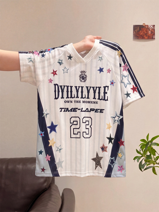 American Retro Colorful Star-Printed Jersey Top for Women in Summer Hiphop Loose and Lazy Style V-Neck Short-Sleeved T-Shirt