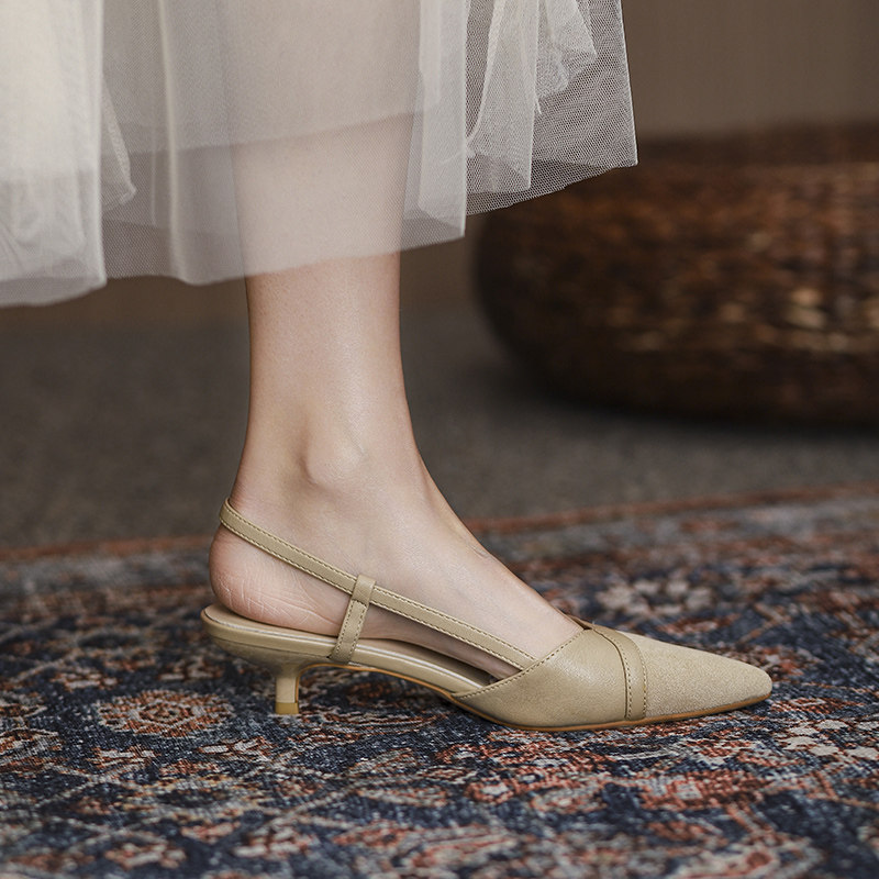法式拼接低跟包头凉鞋女鞋2025年春季新款细跟后空鞋子尖头单鞋女