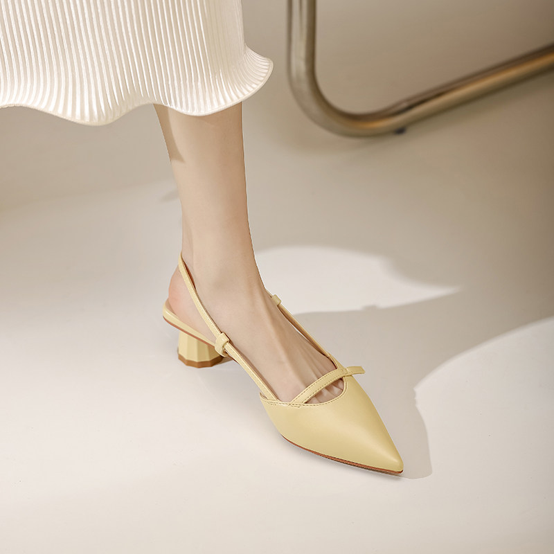 法式浅口包头凉鞋女2025春季新款单鞋粗跟后空高跟鞋中跟尖头女鞋
