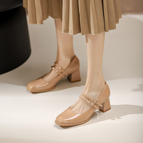 早春新款方头粗跟玛丽珍单鞋女