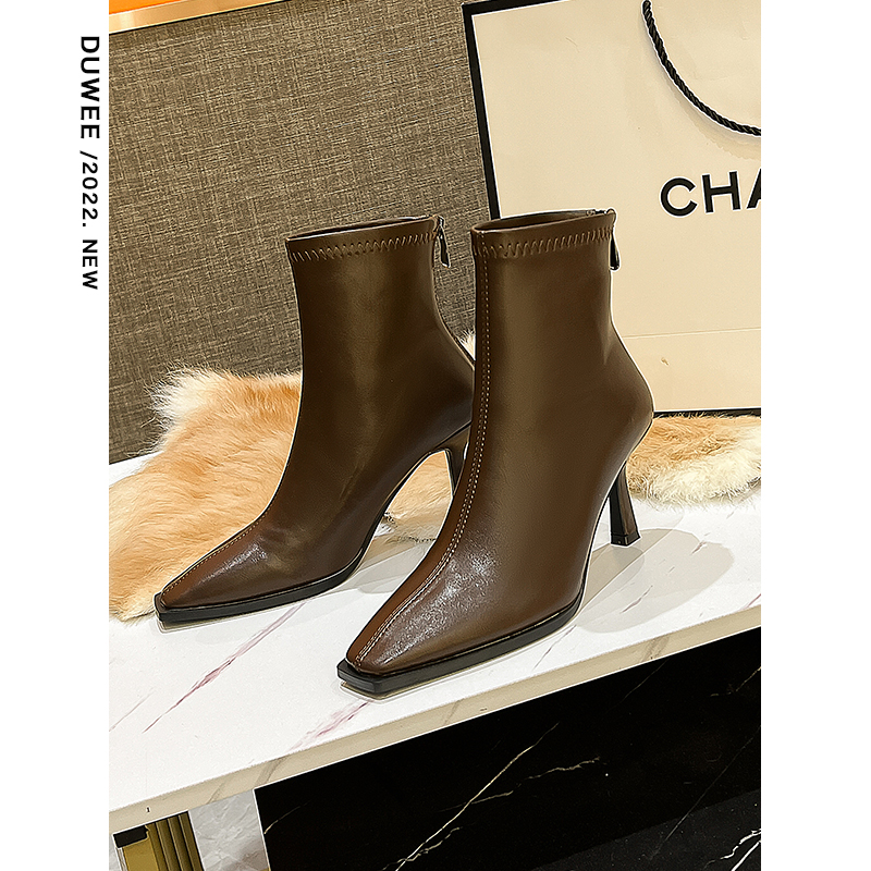 巨显瘦~方头细跟高跟短靴女