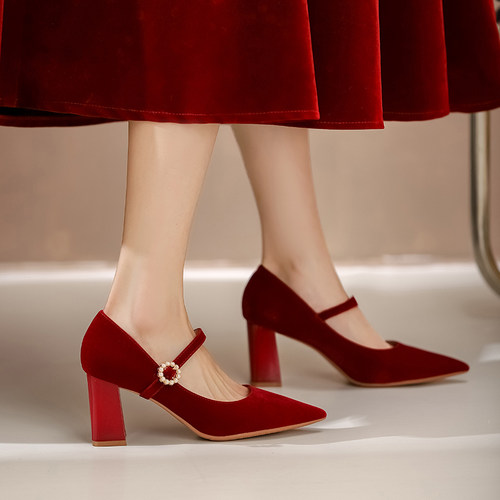 DUWEE防掉跟红色一字带秀禾婚鞋