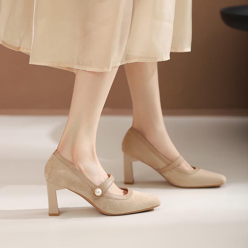 法式粗跟裸色气质名媛高跟鞋