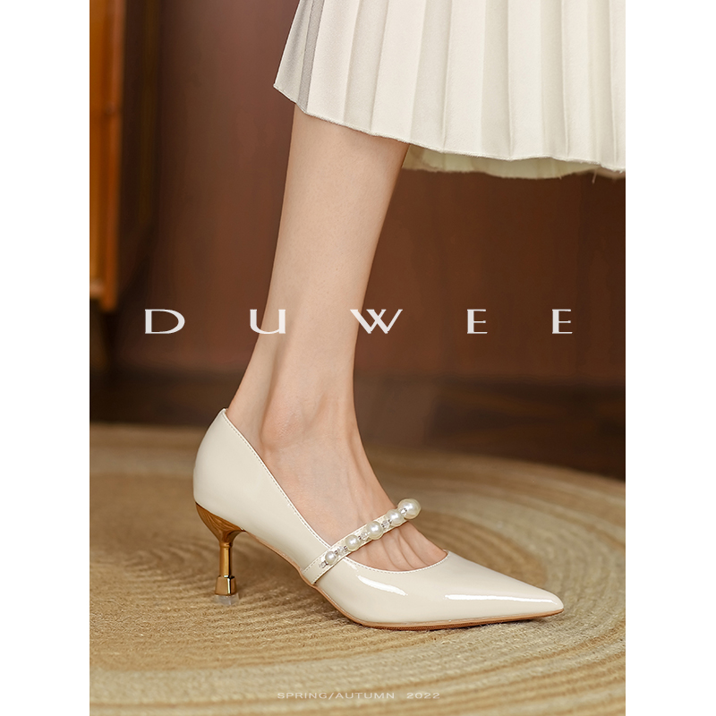 法式珍珠一字带高跟鞋浅口单鞋女