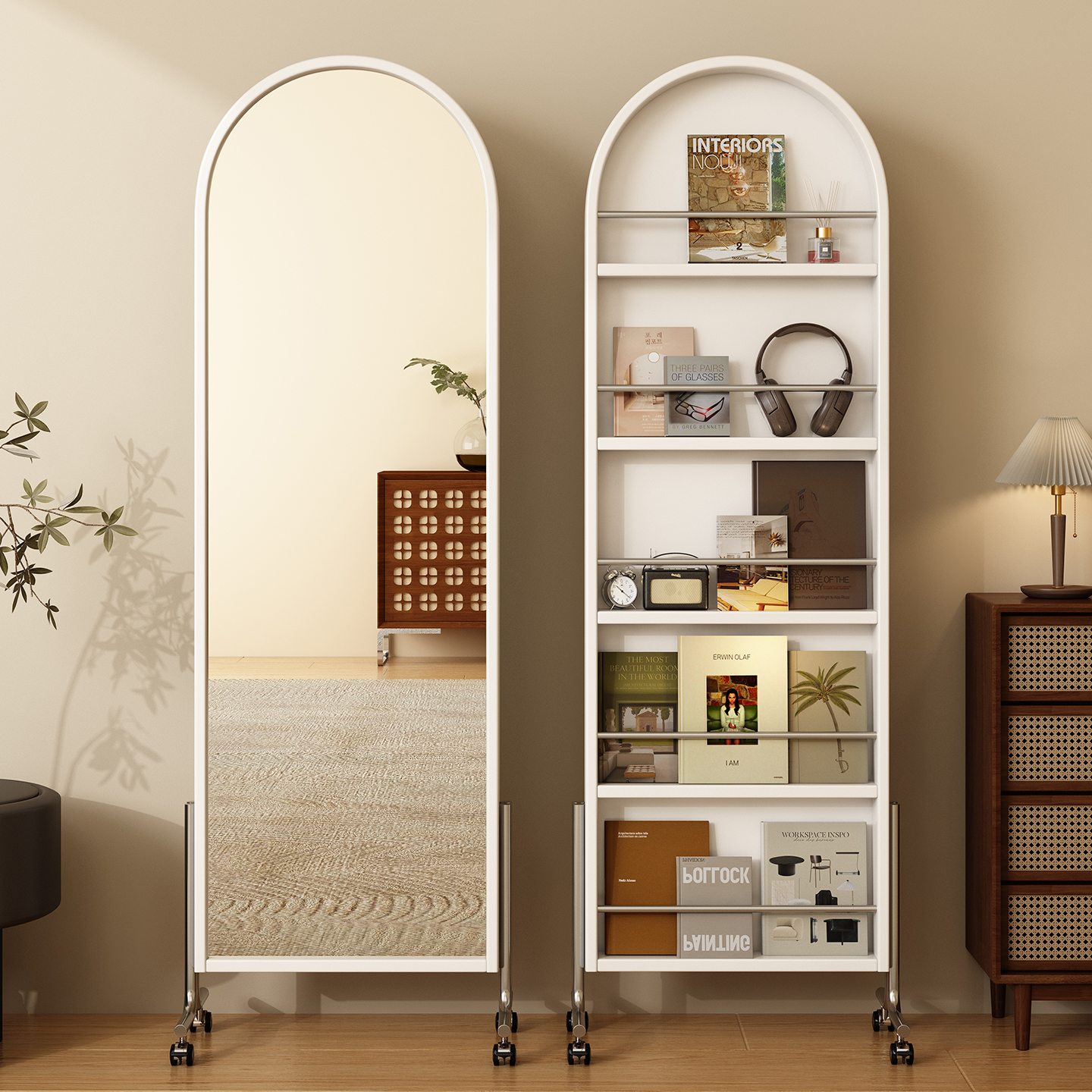 中古风实木落地穿衣镜置物杂志镜