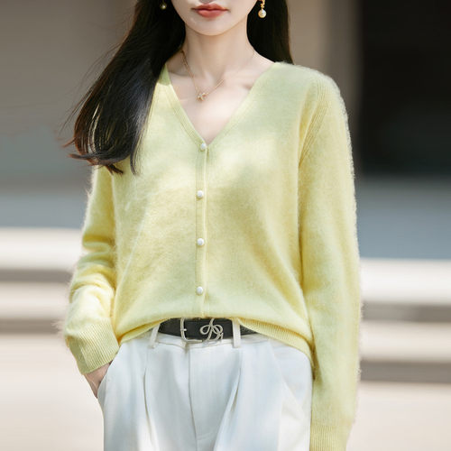 秋冬女V领拉绒羊毛针织开衫