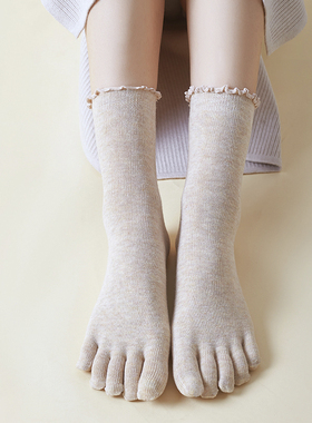 松口中筒花边五指袜女有跟纯色棉吸汗防臭脚趾袜ins潮月子分趾袜