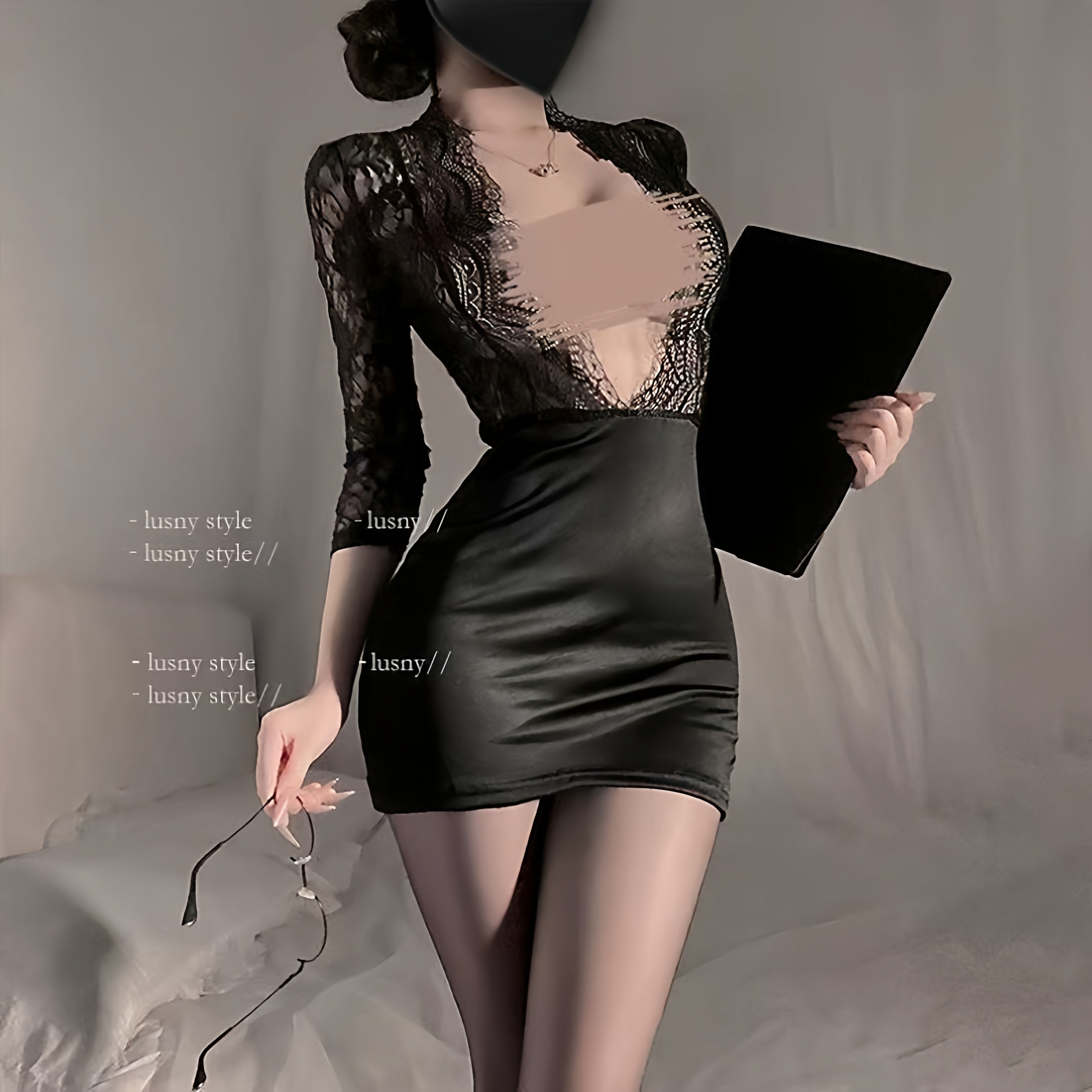 隐欲 qqny「魅惑」蕾丝内衣制服床上纯欲性感黑色裙睡衣女套装