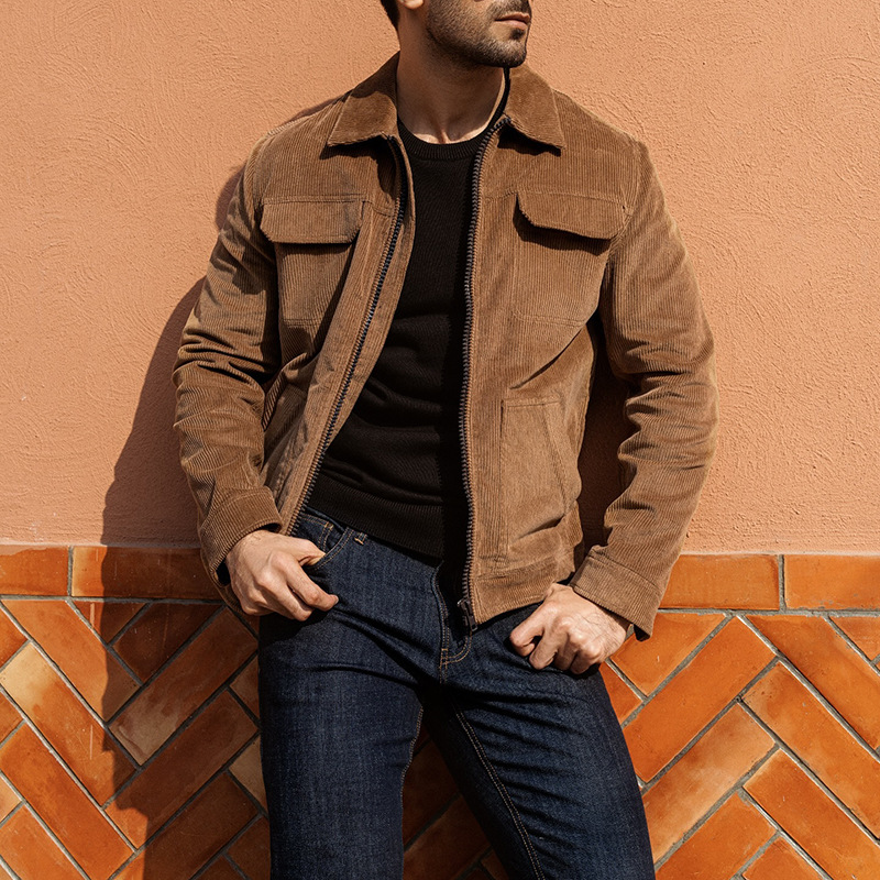 2025秋冬新款亚马逊男士复古灯芯绒外套 欧美跨境潮流翻领夹克男