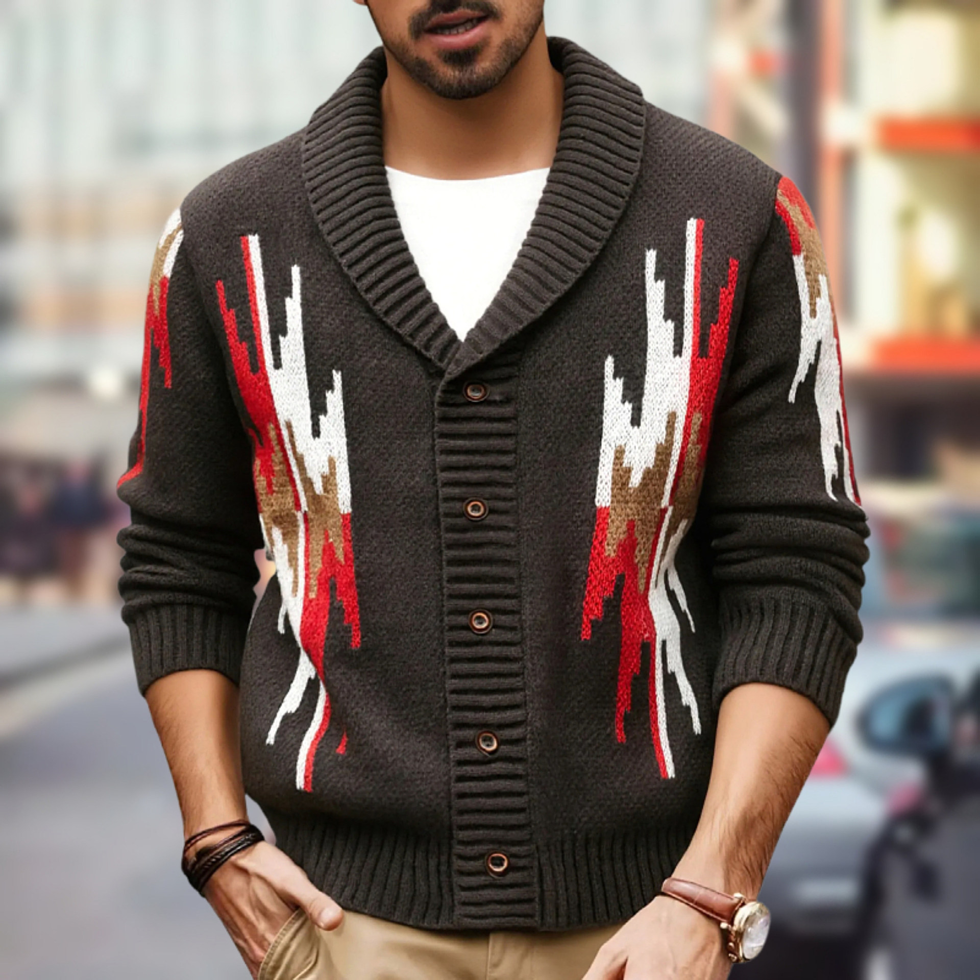 外贸秋冬款男装 欧美复古提花针织衫 翻领长袖开衫毛织外套SY0054