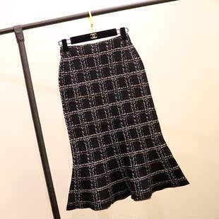 复古格子兔绒紧身包臀高腰荷叶边鱼尾半身裙中长款秋冬新捡漏
