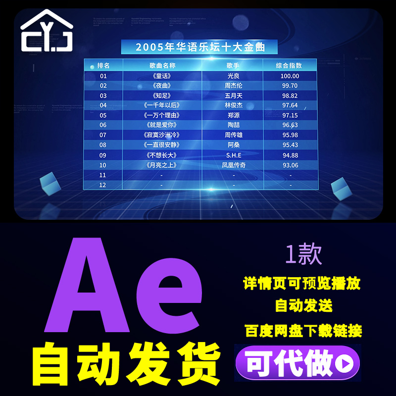 无插件蓝色科技感数据表格积分表排名企业年终总结销量排行AE模板