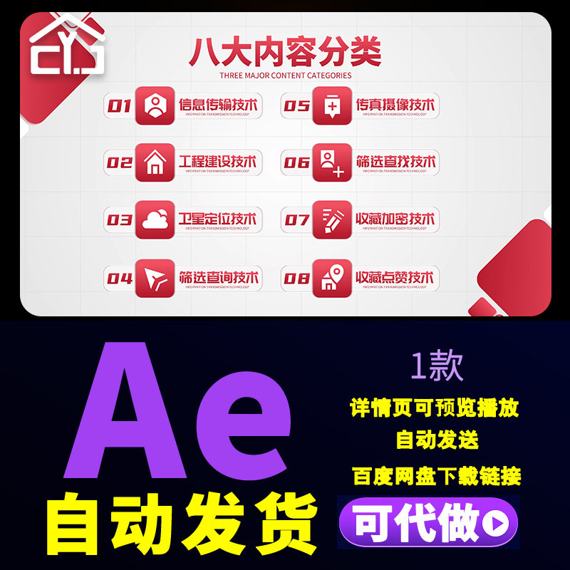 红色文字分类信息传输工程建设卫星定位八大核心技术介绍AE模版图片