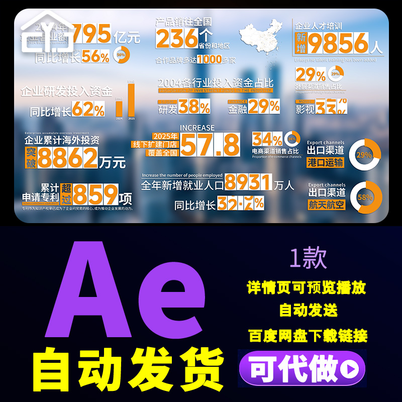 无插件数据文字企业营业额增长门店扩建产品出口数据字幕条AE模板