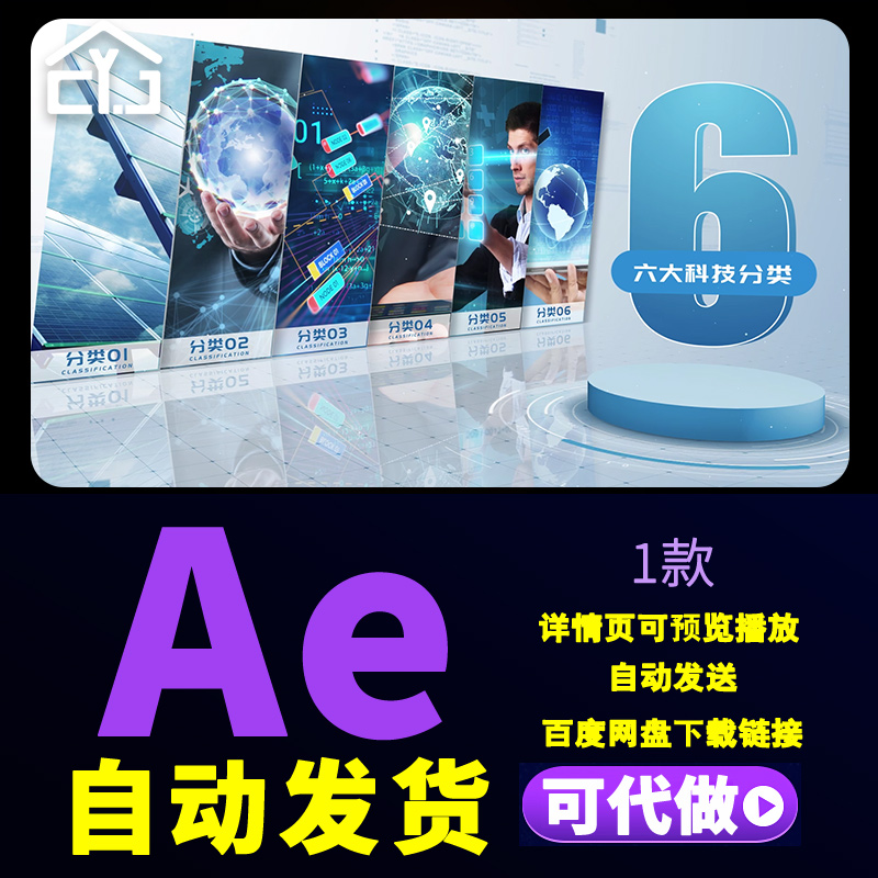 简洁干净立体科技图文组织架构产品功能分屏介绍六大分类AE模板