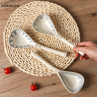 创意青花长柄勺子家用高颜值粗陶复古大汤勺喝汤吃饭调羹专用勺子