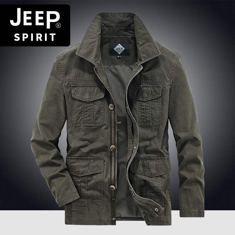 JEEP吉普秋冬外套男士中长款宽松多口袋纯棉中年大码工装夹克上衣