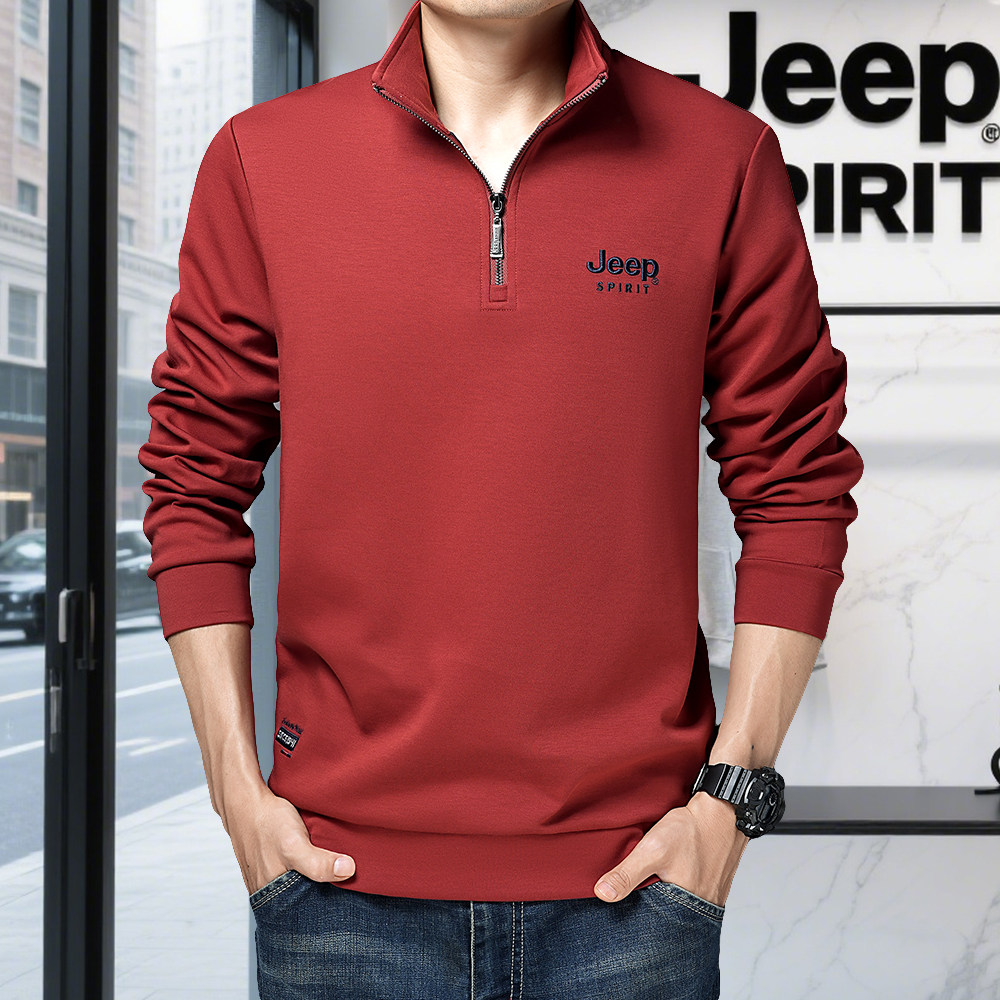 JEEP吉普春秋新款纯棉半拉链卫衣男立领休闲长袖T恤打底上衣男装