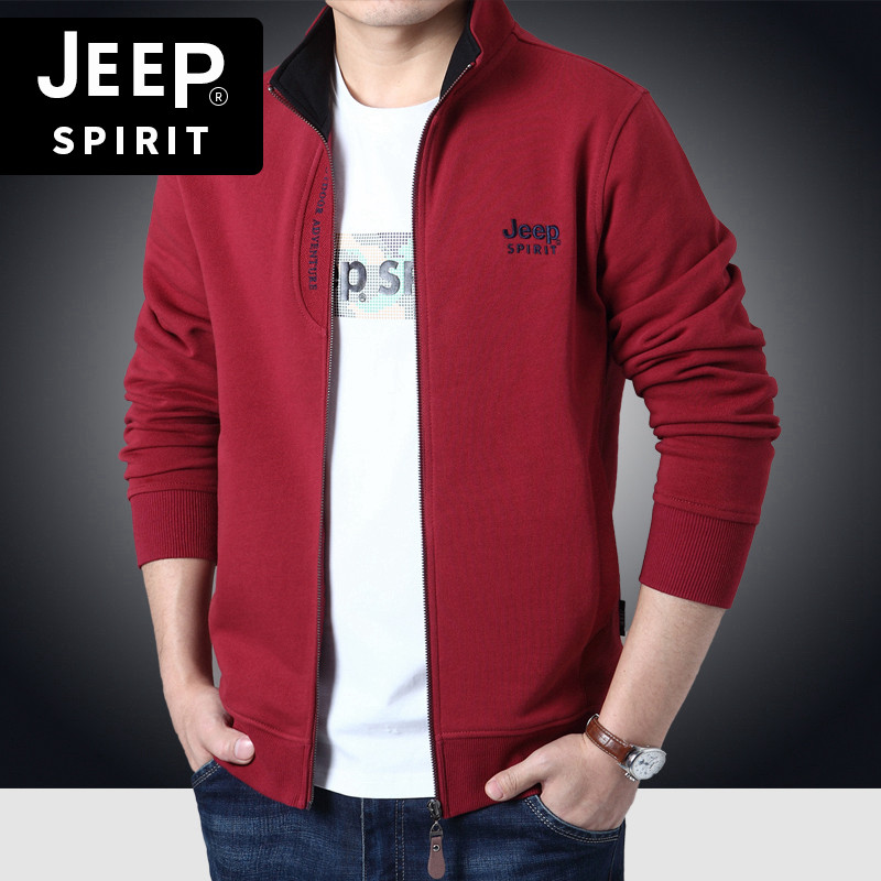 JEEP吉普卫衣男装宽松春秋新款大红色加绒外套男士夹克上衣服冬装