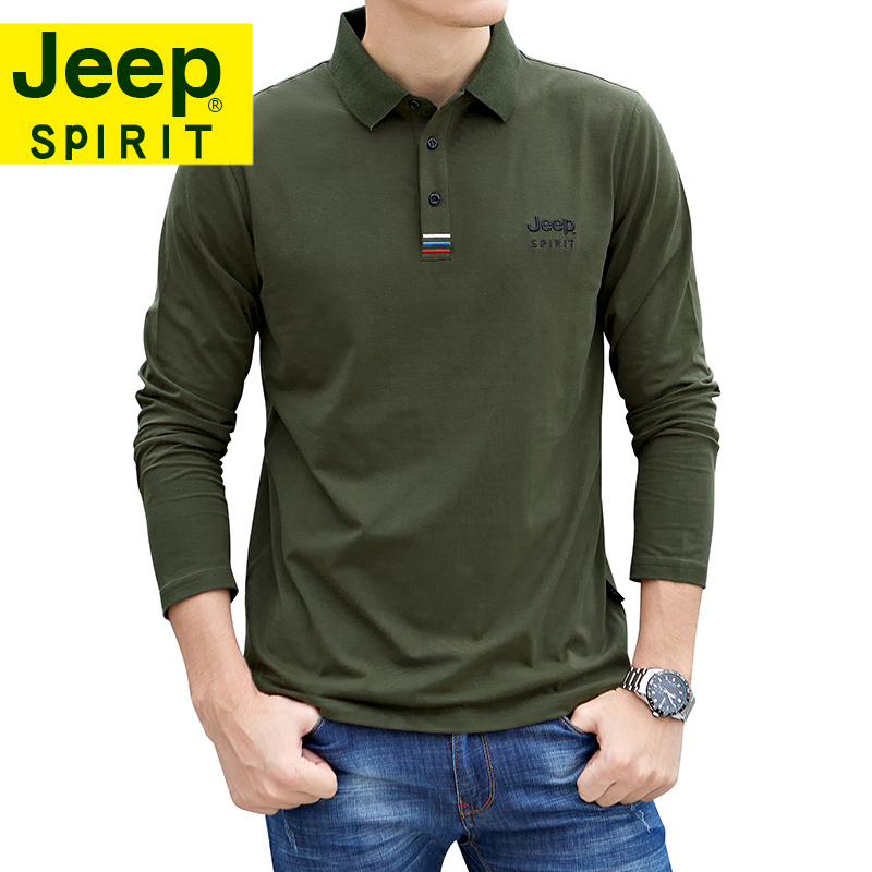 吉普JEEP正品长袖T恤男春秋新款翻领男装休闲宽松打底保罗polo衫