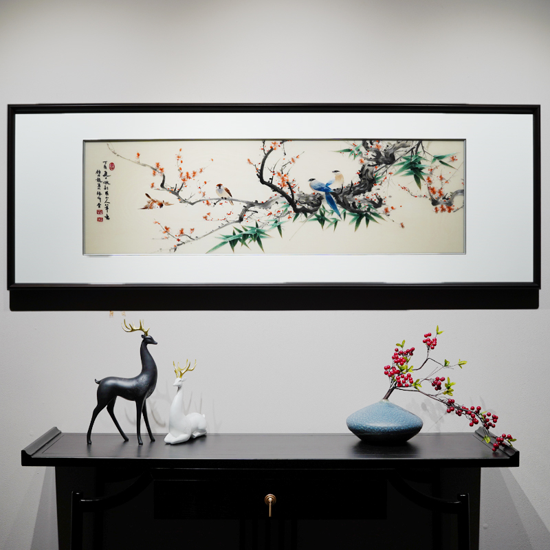 新中式现代装饰画花鸟苏州精品刺绣客厅沙发背景墙可定制带框挂画图片