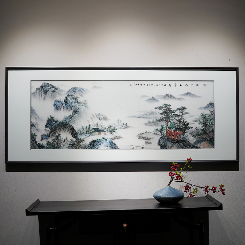 国画高端中式山水风景手工刺绣苏绣沙发电视背景墙客厅装饰画成品