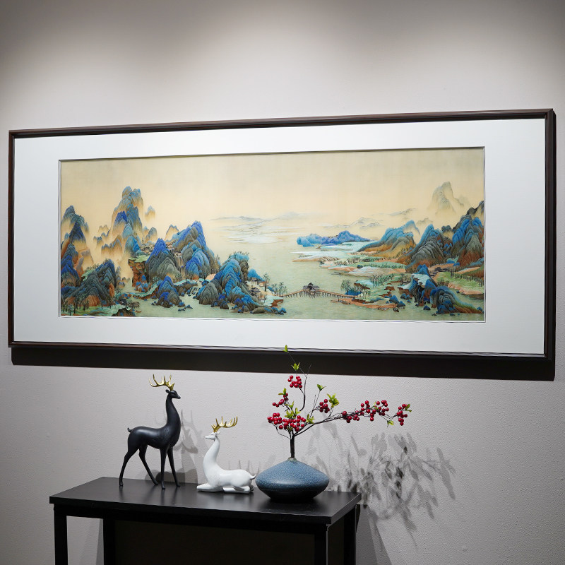 千里江山新中式禅意山水风景装饰画客厅沙发背景高端纯手工刺绣画