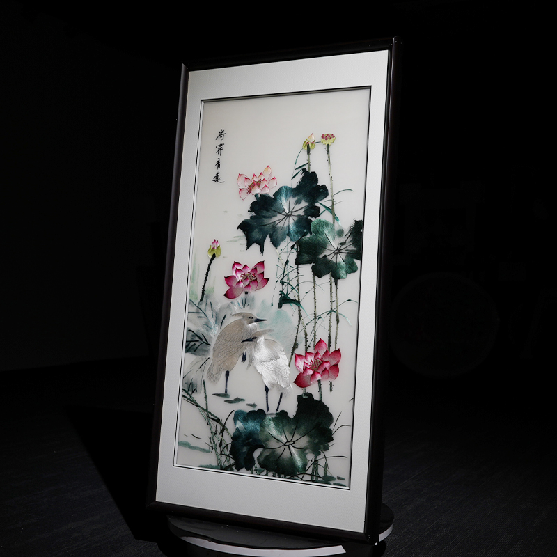 新中式入户玄关客厅走廊荷花纯手工刺绣画高端苏绣成品挂画装饰画图片