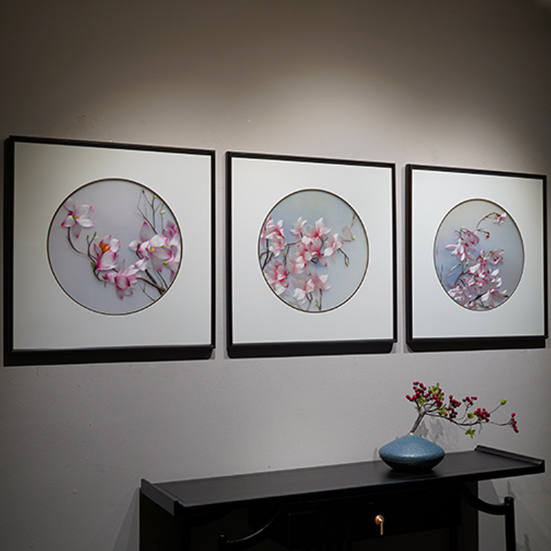 苏绣成品挂画玉兰花三联新中式客厅沙发背景苏州纯手工刺绣装饰画,居家布艺,苏绣,淘宝优惠券,粉丝福利购,淘宝优惠卷