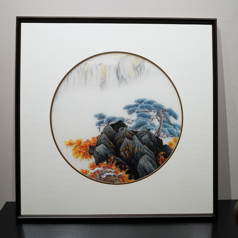 万壑松林三联风景山水画纯手工苏绣刺绣画客厅电视墙背景墙装饰画