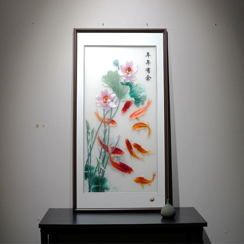 新中式高端年年有余装饰画纯手工苏绣刺绣画玄关过道走廊成品挂画图片