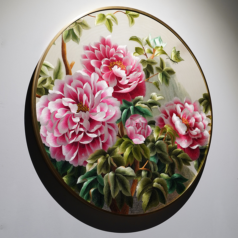 新中式圆形挂画手工刺绣包安装