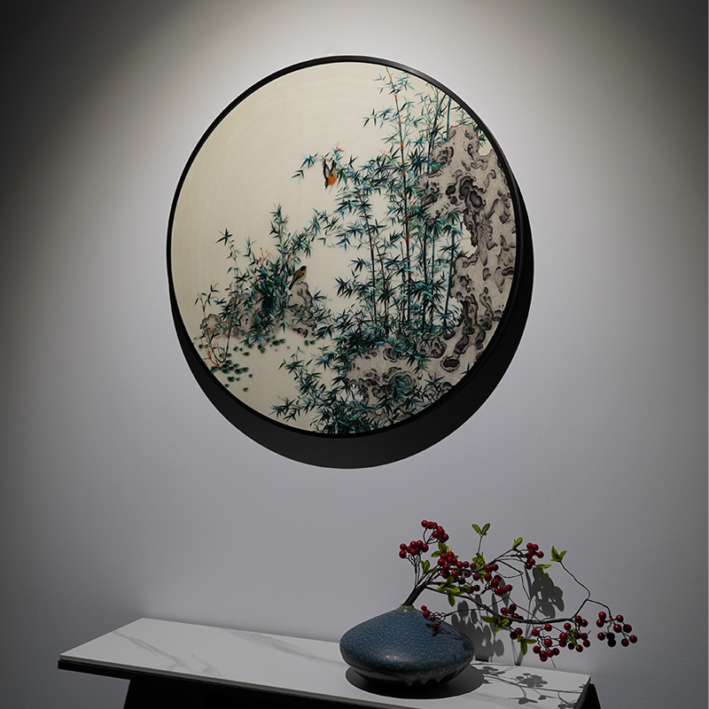 手工苏绣竹报平安节节高刺绣画新中式圆形玄关过道办公餐厅装饰画图片